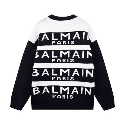Balmain Black And White Crew Neck Sweater With All - Over Logo Print