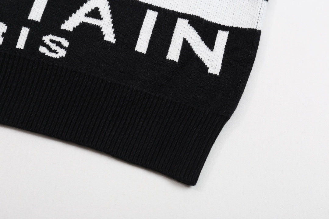 Balmain Black And White Crew Neck Sweater With All - Over Logo Print