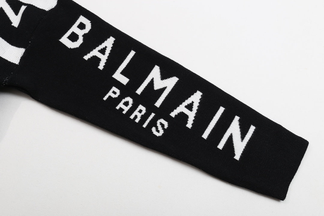 Balmain Black And White Crew Neck Sweater With All - Over Logo Print