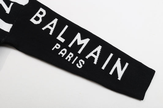 Balmain Black And White Crew Neck Sweater With All - Over Logo Print