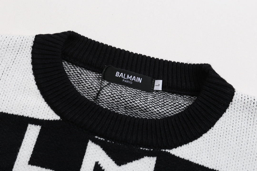 Balmain Black And White Crew Neck Sweater With All - Over Logo Print