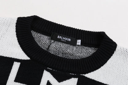 Balmain Black And White Crew Neck Sweater With All - Over Logo Print