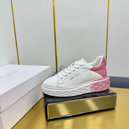 Jimmy Choo Women's White Sneakers With Pink Glitter Accents