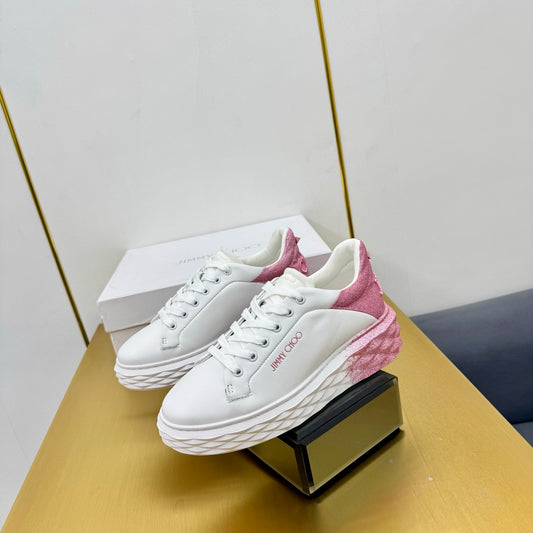 Jimmy Choo Women's White Sneakers With Pink Glitter Accents