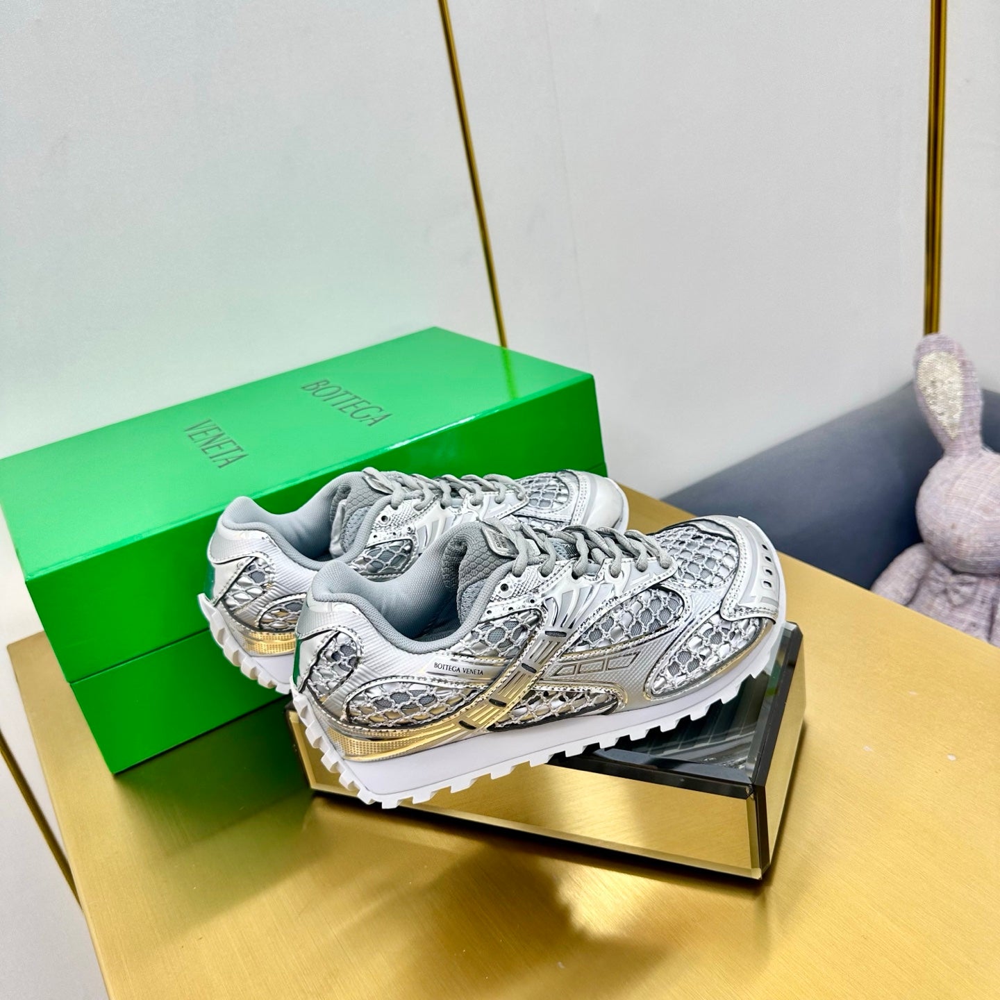 Bottega Veneta Unisex Metallic Mesh Low - Top Sneakers With Gold Accents