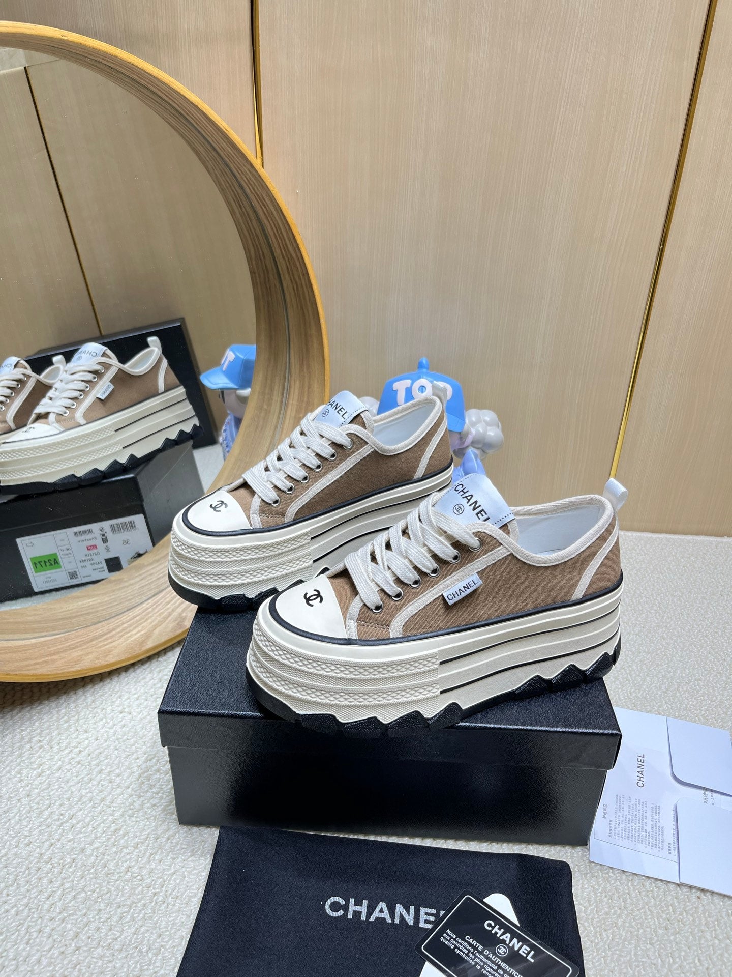 Chanel Black And White Platform Canvas Sneakers With CC Logo