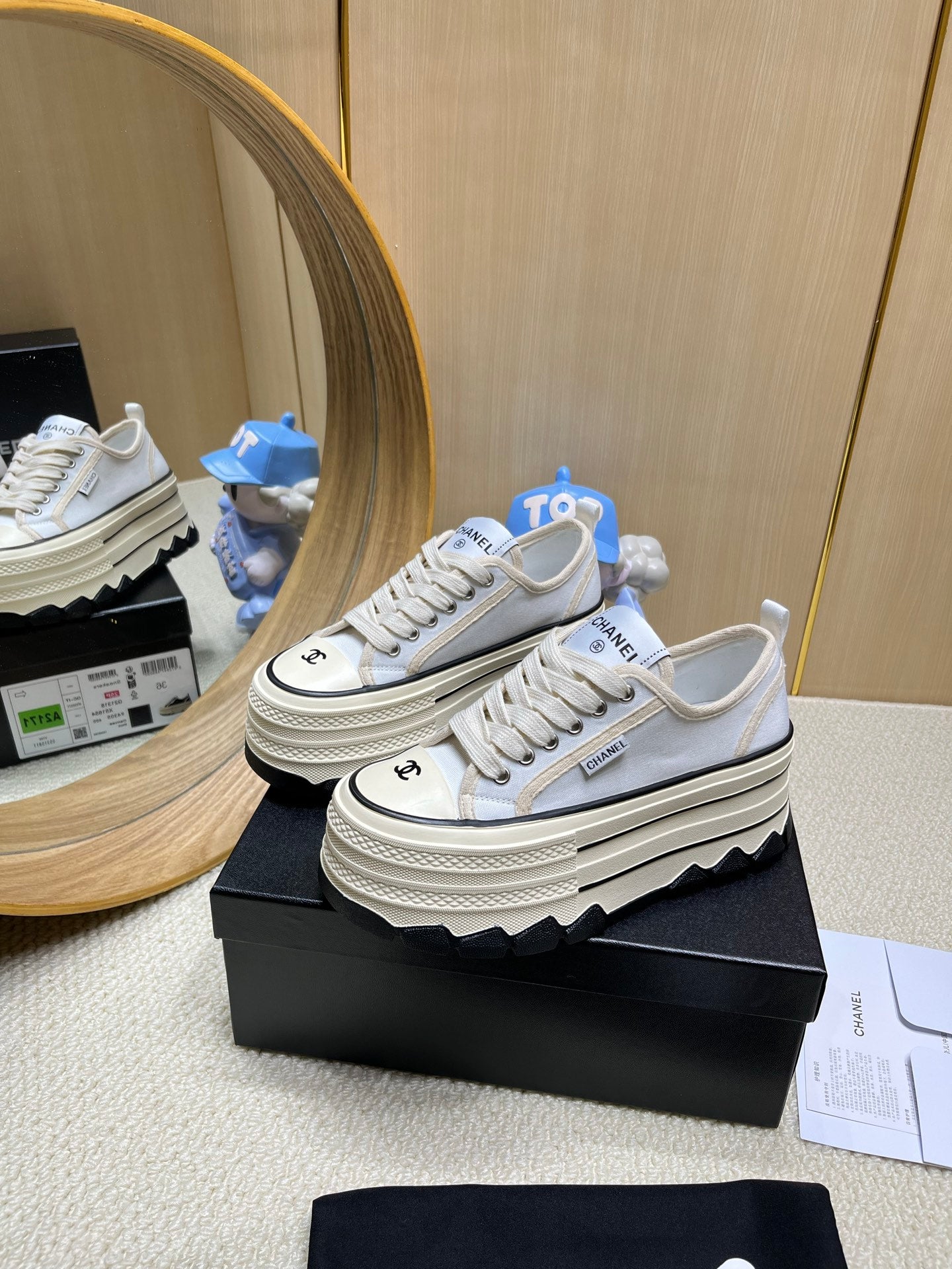 Chanel Black And White Platform Canvas Sneakers With CC Logo