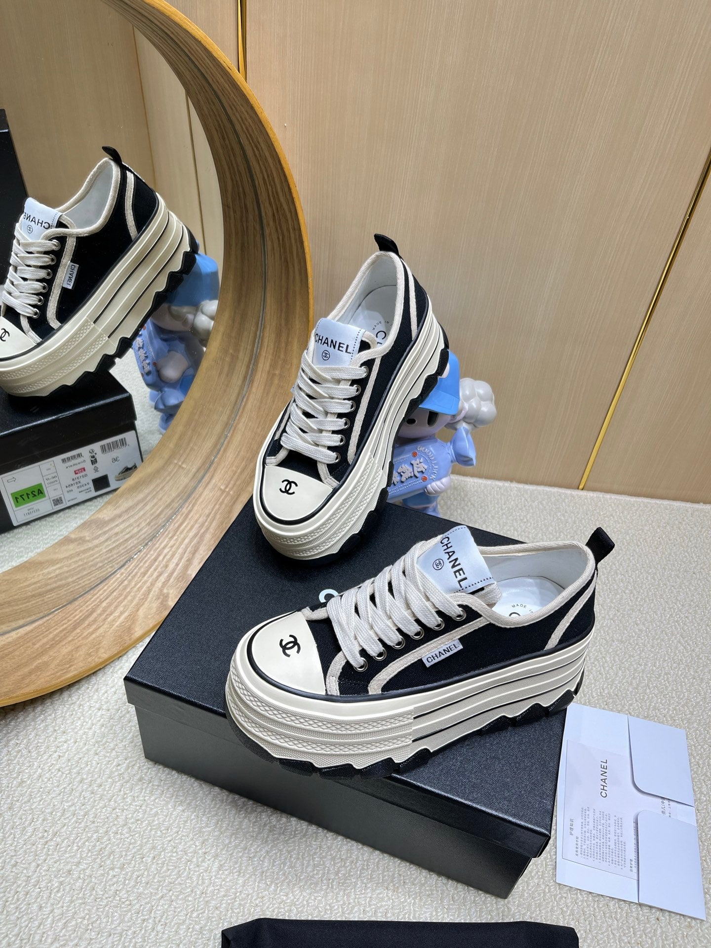 Chanel Black And White Platform Canvas Sneakers With CC Logo