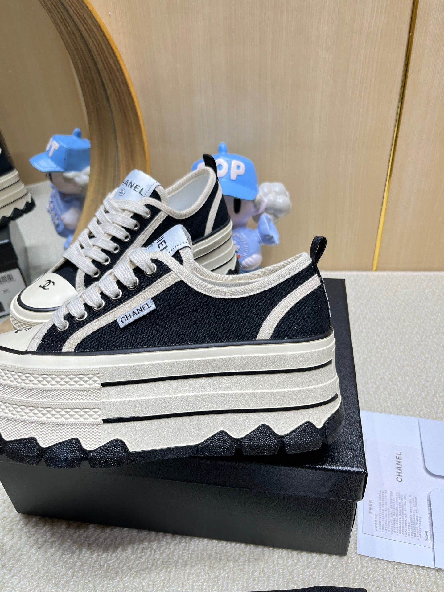 Chanel Black And White Platform Canvas Sneakers With CC Logo