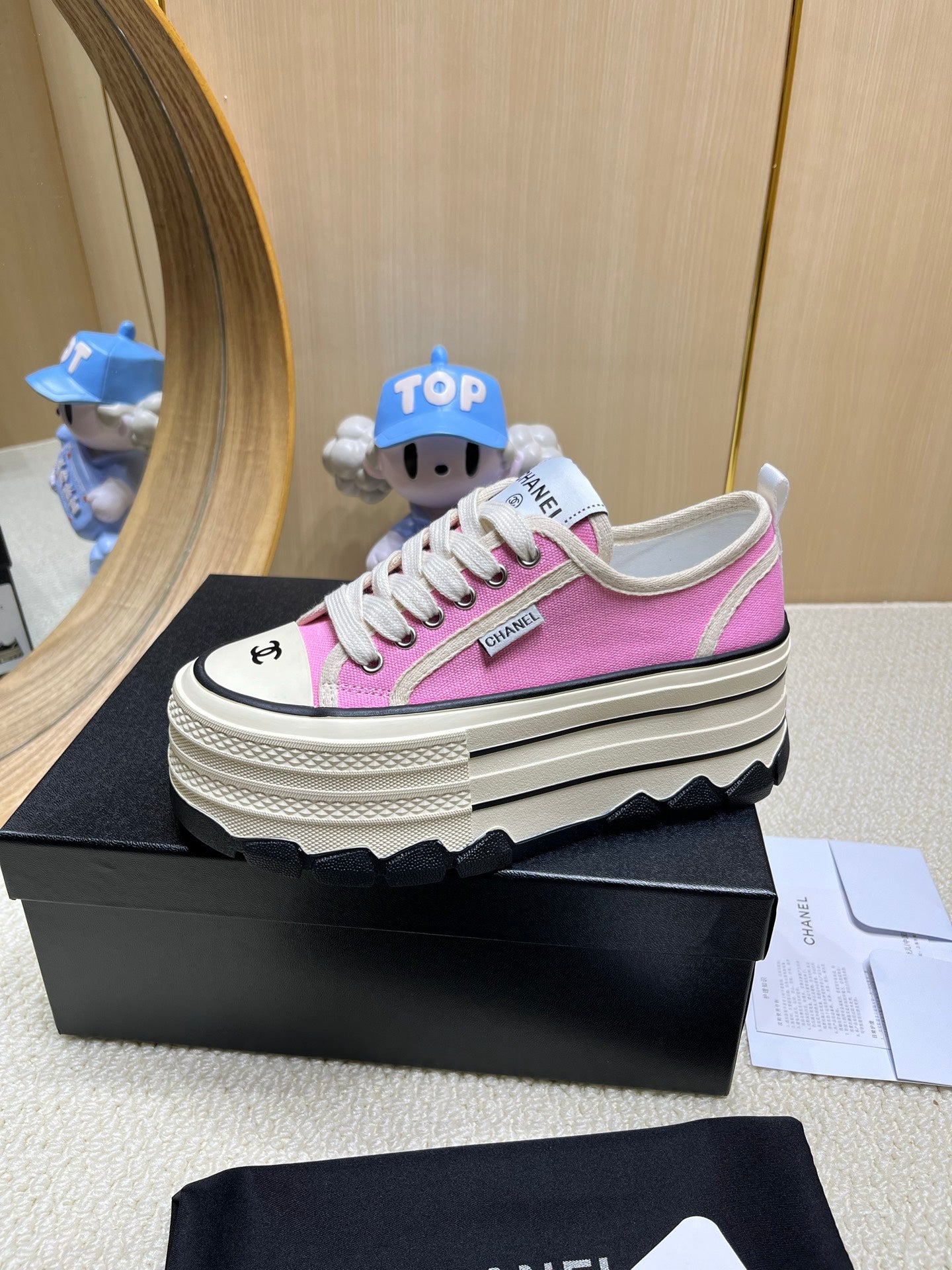 Chanel Black And White Platform Canvas Sneakers With CC Logo