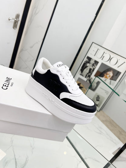Celine Black And White Leather Platform Sneakers With Branding