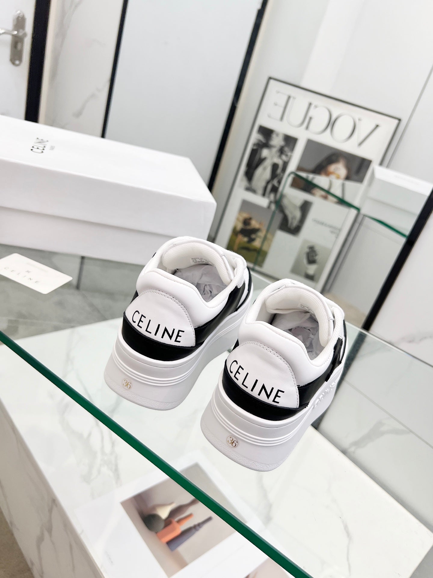 Celine Black And White Leather Platform Sneakers With Branding