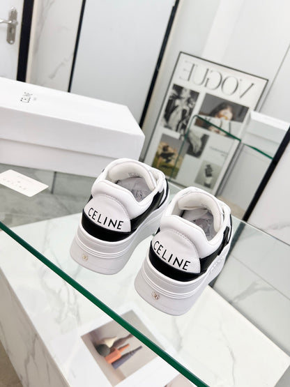 Celine Black And White Leather Platform Sneakers With Branding