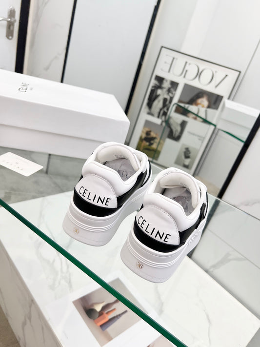 Celine Black And White Leather Platform Sneakers With Branding
