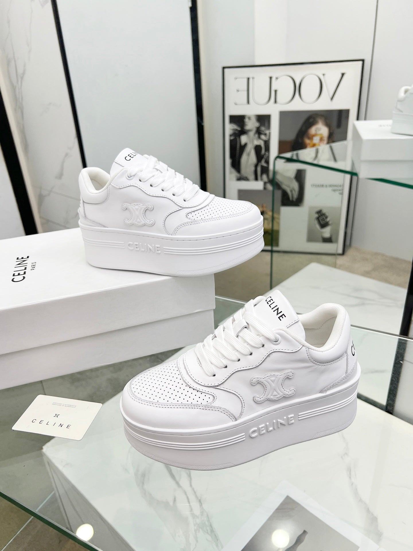 Celine White Leather Platform Sneakers With Brand Monogram