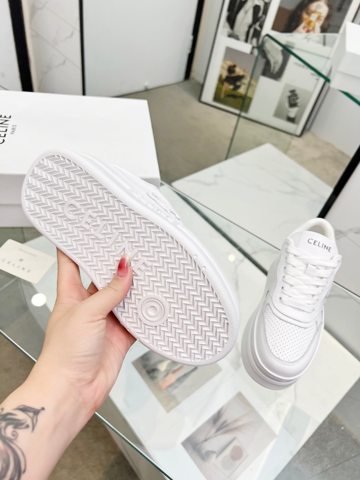 Celine White Leather Platform Sneakers With Brand Monogram