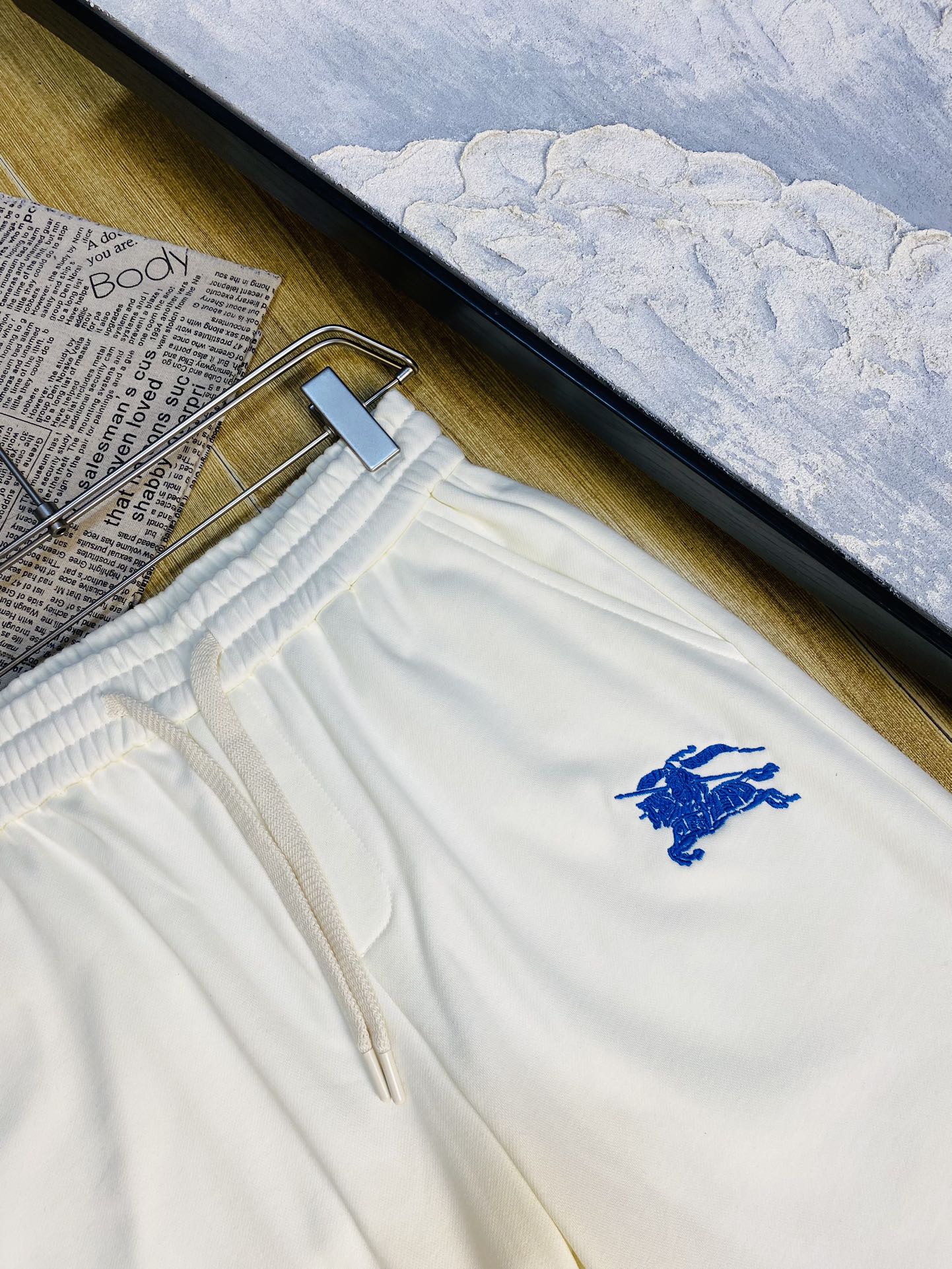 Burberry Men's White Shorts With Blue Equestrian Knight Embroidery