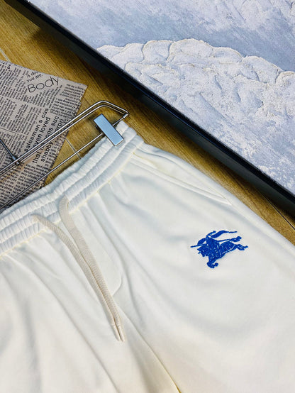 Burberry Men's White Shorts With Blue Equestrian Knight Embroidery