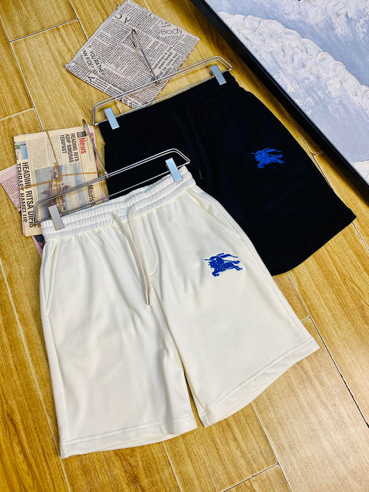 Burberry Men's White Shorts With Blue Equestrian Knight Embroidery