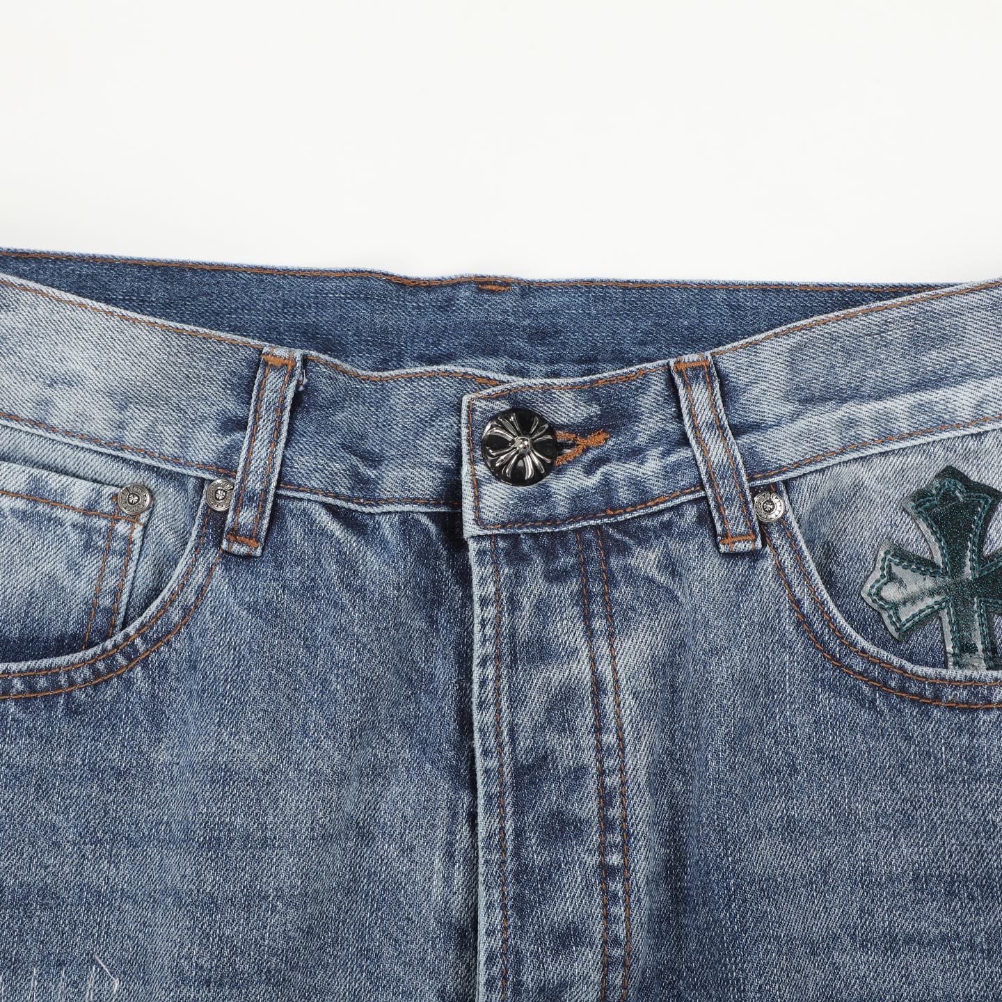 Chrome Hearts Style Light Blue Distressed Jeans With Cross Embellishments