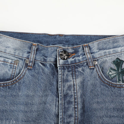Chrome Hearts Style Light Blue Distressed Jeans With Cross Embellishments