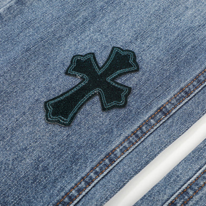 Chrome Hearts Style Light Blue Distressed Jeans With Cross Embellishments