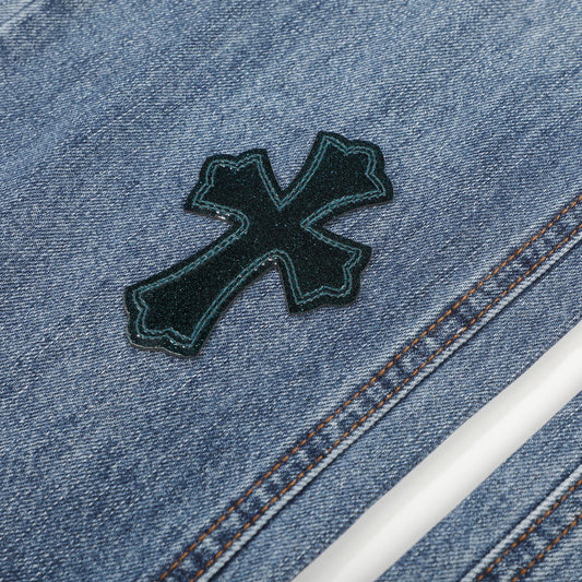 Chrome Hearts Style Light Blue Distressed Jeans With Cross Embellishments