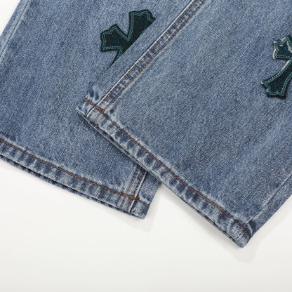 Chrome Hearts Style Light Blue Distressed Jeans With Cross Embellishments