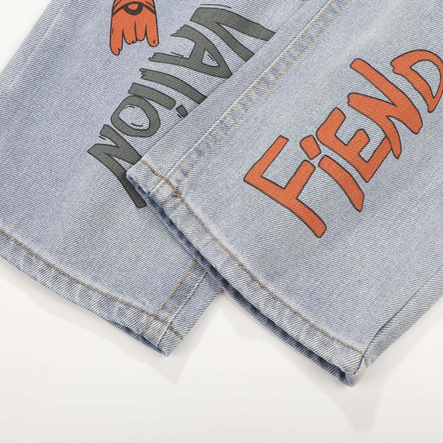 Chrome Hearts Inspired Light Blue Jeans With Colorful Graffiti Art