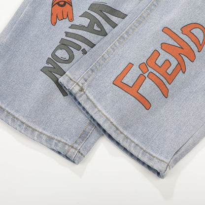Chrome Hearts Inspired Light Blue Jeans With Colorful Graffiti Art