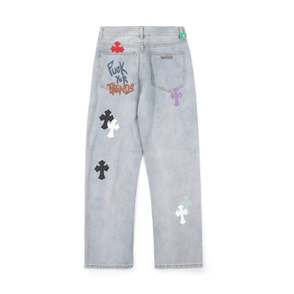 Chrome Hearts Inspired Light Blue Jeans With Colorful Graffiti Art