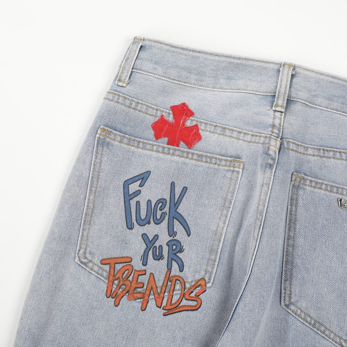 Chrome Hearts Inspired Light Blue Jeans With Colorful Graffiti Art