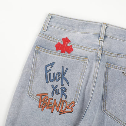 Chrome Hearts Inspired Light Blue Jeans With Colorful Graffiti Art