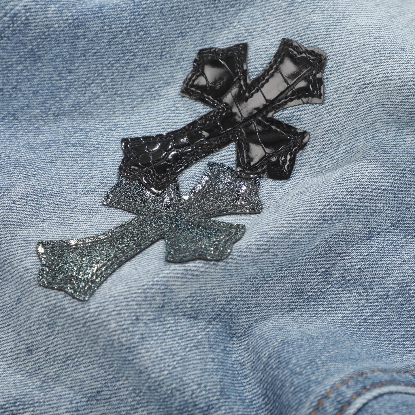 Chrome Hearts Style Men's Light Blue Jeans With Cross Patches