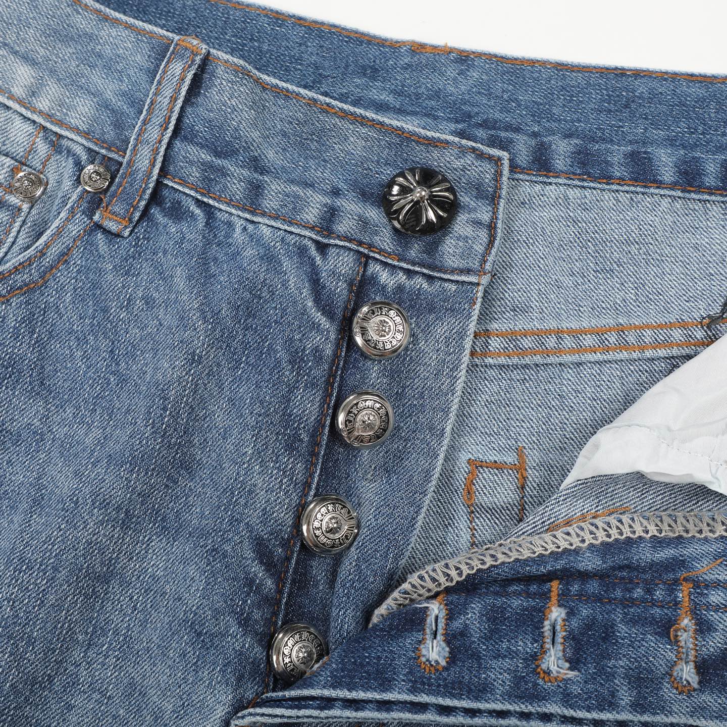 Chrome Hearts Style Men's Light Blue Jeans With Cross Patches