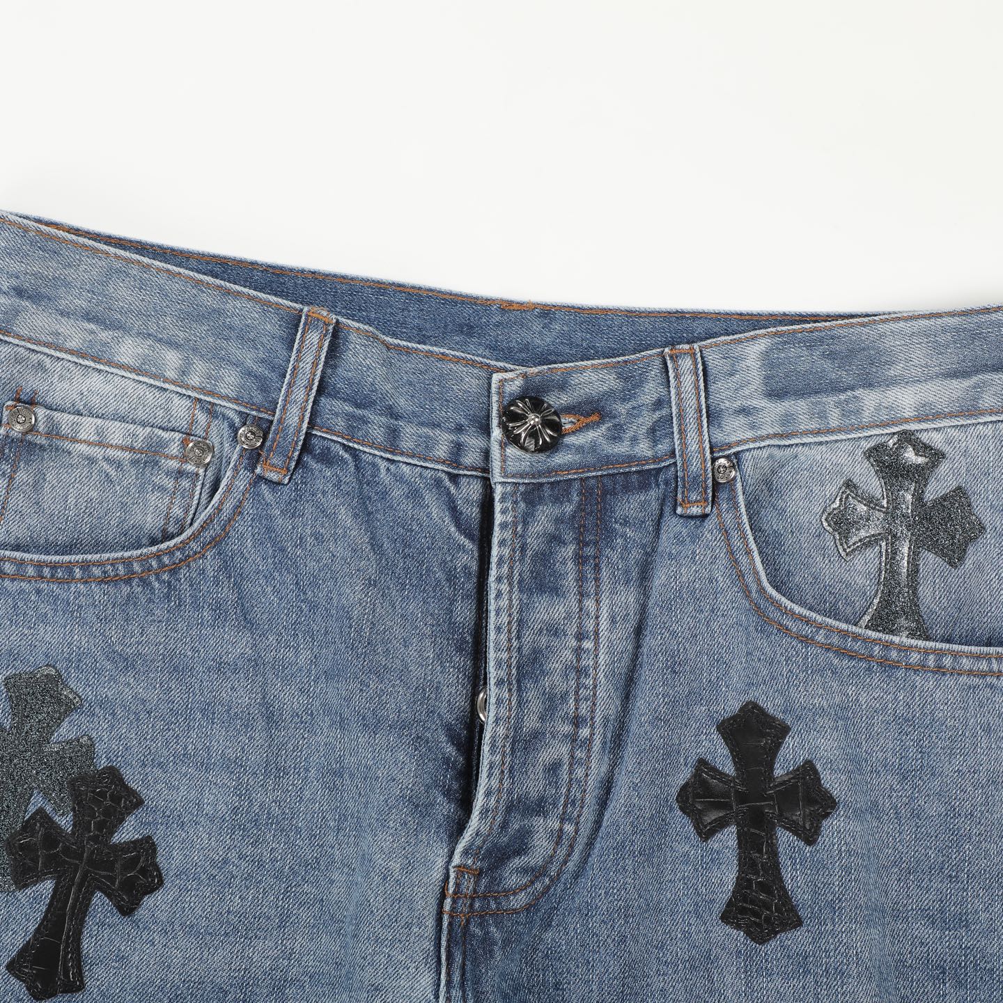 Chrome Hearts Style Men's Light Blue Jeans With Cross Patches