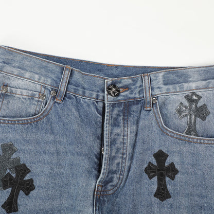 Chrome Hearts Style Men's Light Blue Jeans With Cross Patches
