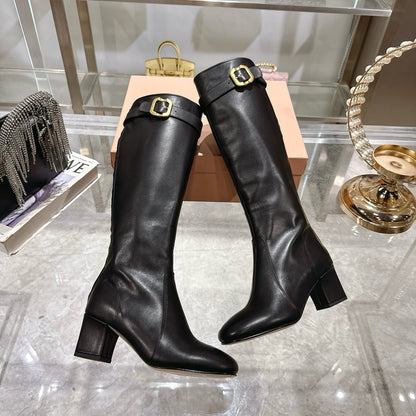 Miu Miu Women's Black Leather Buckle - Detail Knee - High Boots