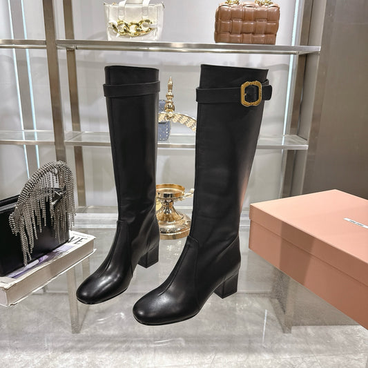 Miu Miu Women's Black Leather Buckle - Detail Knee - High Boots