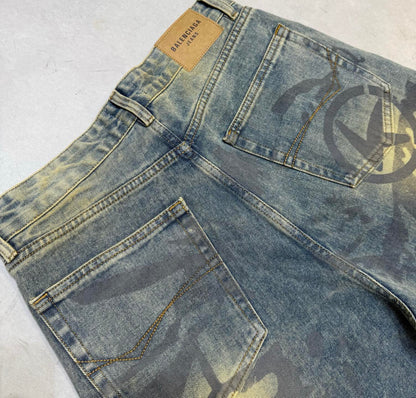 Balenciaga Unisex Jeans With Artistic Pattern And Vintage Wash