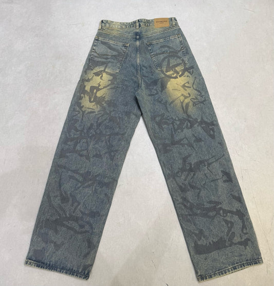 Balenciaga Unisex Jeans With Artistic Pattern And Vintage Wash