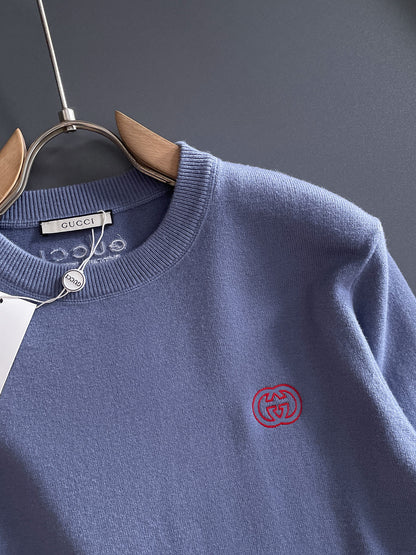 Gucci Men's Light Blue Crew Neck Knitted Sweater With Logo Details
