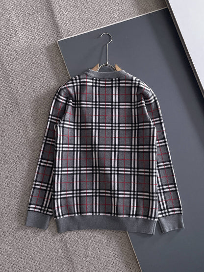 Burberry Men's Checkered Crew Neck Knitted Sweater With Brand Lettering