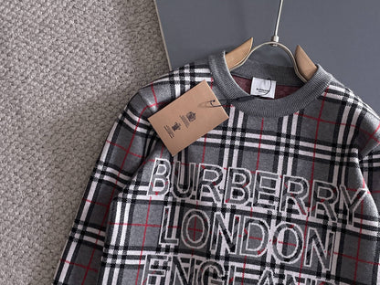 Burberry Men's Checkered Crew Neck Knitted Sweater With Brand Lettering