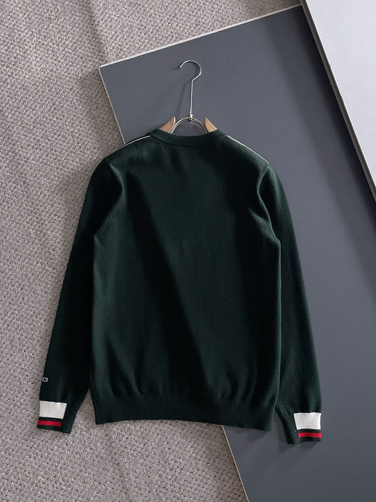 Gucci Men's Dark Green Crew Neck Knitted Sweater With Signature Details