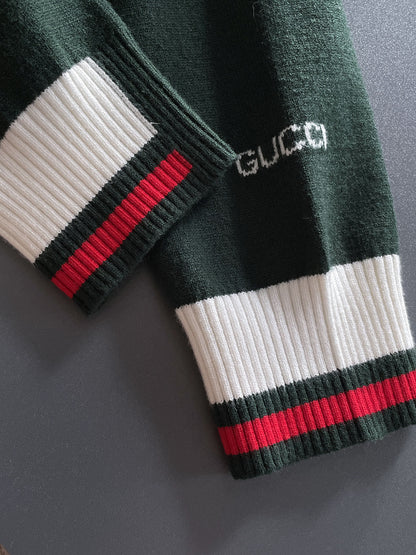 Gucci Men's Dark Green Crew Neck Knitted Sweater With Signature Details