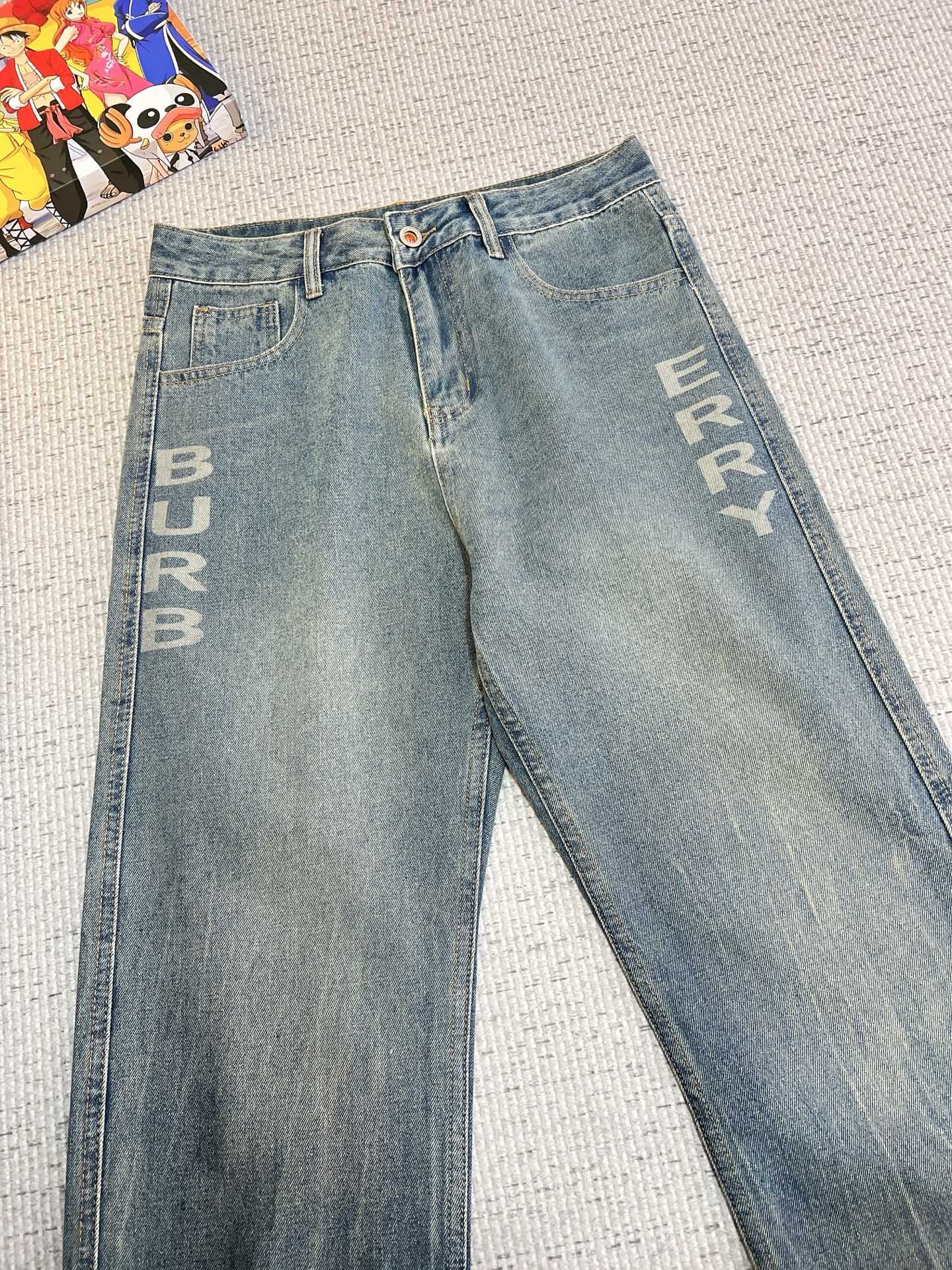 Burberry Men's Light Blue Denim Jeans With Brand Lettering