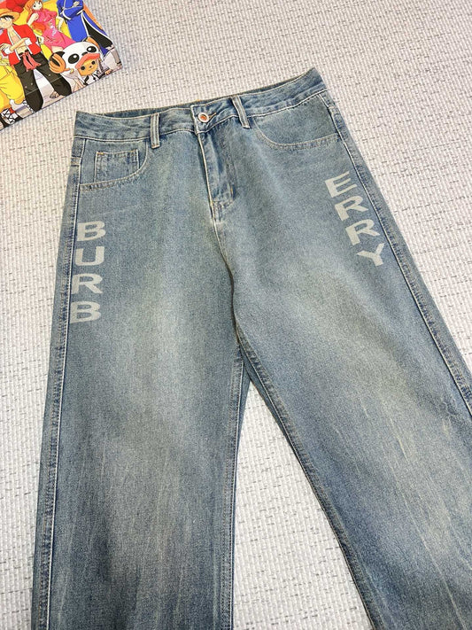 Burberry Men's Light Blue Denim Jeans With Brand Lettering