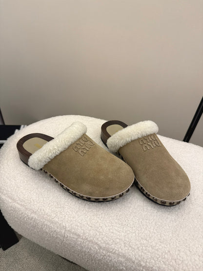 Miu Miu Women's Beige Suede Shearling - Lined Mules