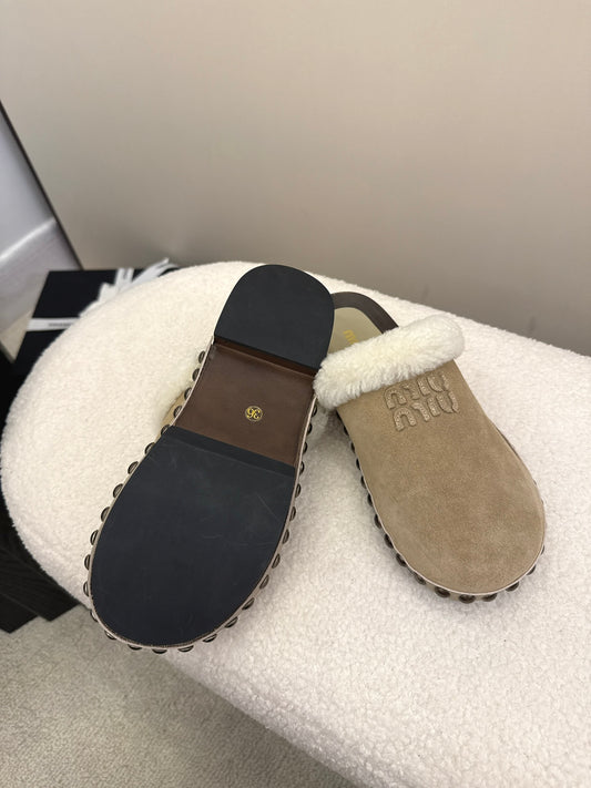 Miu Miu Women's Beige Suede Shearling - Lined Mules